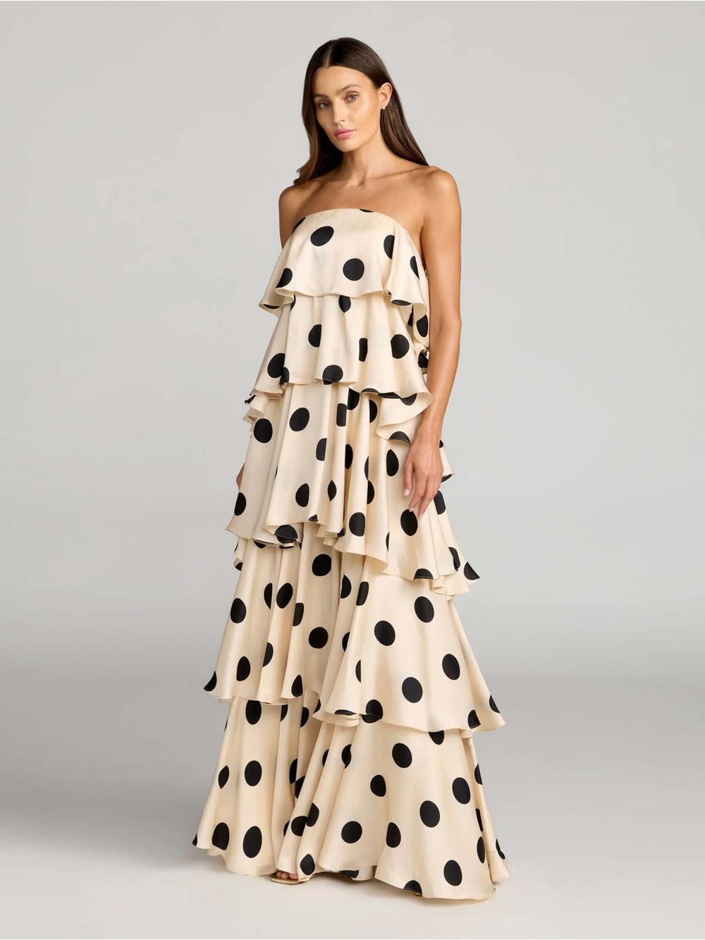 Mac Duggal 27845 Cream Black Strapless Polka Dot Tiered Maxi Dress